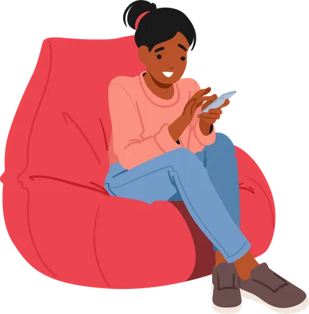 Black Teen Girl Character Engrossed In Her Smartphone Fingers Scrolling The Screen Navigating The Virtual World Of Digital Connection With Youthful Enthusiasm Cartoon People Vector Illustration Illustration