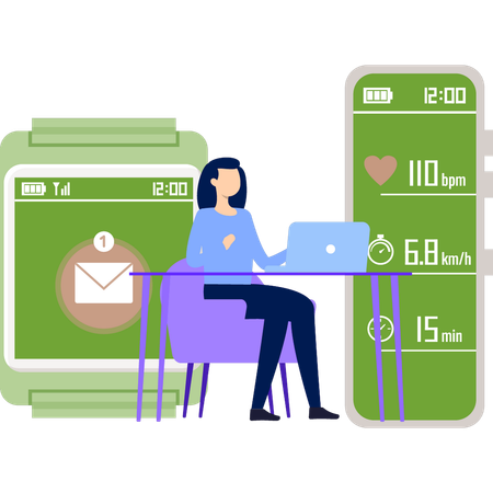 Girl is checking mail notification on watch  Illustration