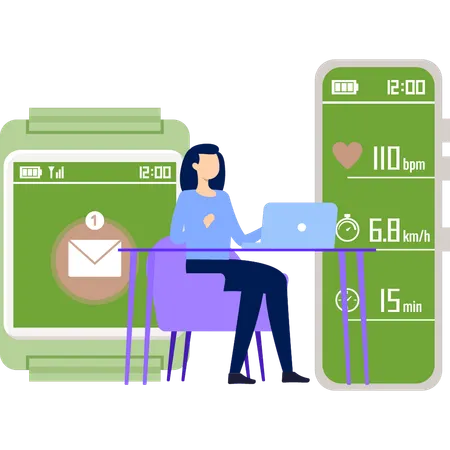 Girl is checking mail notification on watch  Illustration