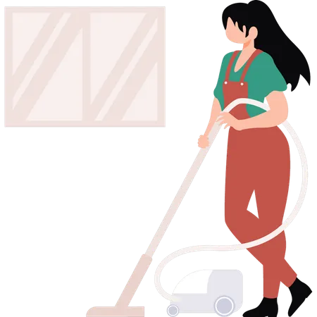 The Girl Is Cleaning The Floor With A Vacuum Cleaner Illustration