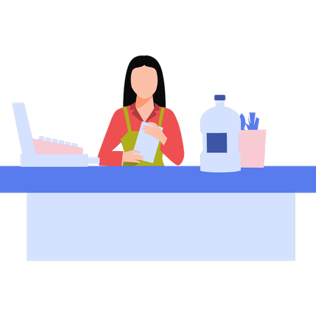 Girl is collecting cash at counter  Illustration