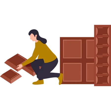Girl is collecting pieces of chocolate  イラスト