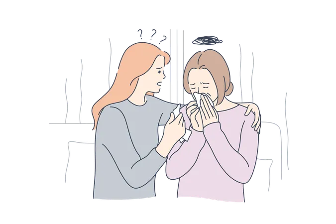 Support Stress Depression Frustration Concept Young Daughter Hugging Soothing Sad Depressed Frustrated Crying Adult Woman Mother Holding Shoulders And Discussing Problems Family Care And Empathy Illustration