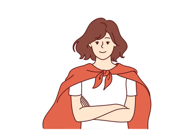 Woman In Superhero Cape Stands With Arms Crossed And Confidently Looks At Screen Feeling Strength To Complete Complex Tasks Superhero Girl Smiles Proud Of Own Merits And Professional Skills Illustration