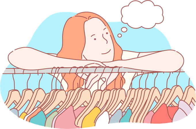Girl is confused while cloth shopping  Illustration