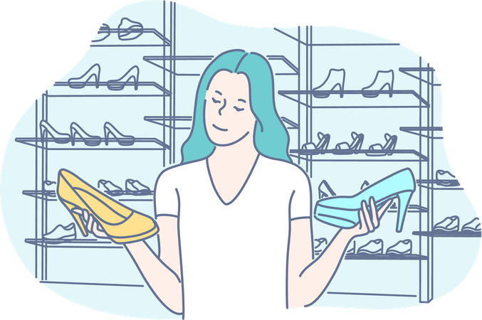 Girl is confused while purchasing shoes  イラスト