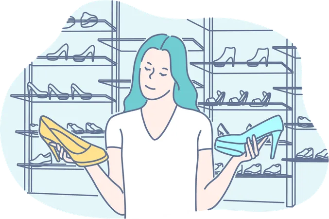 Girl is confused while purchasing shoes  イラスト