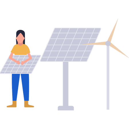 Girl is connecting solar plate to windmill  Illustration