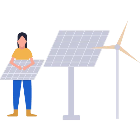 A Girl Is Standing Holding A Solar Panel Plate Illustration