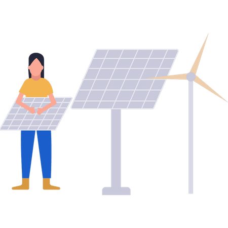 Girl is connecting solar plate to windmill  Illustration