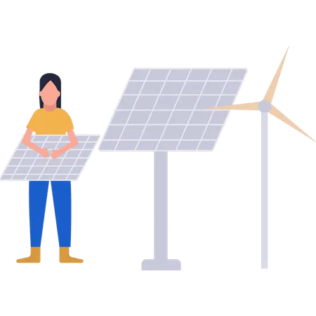 Girl is connecting solar plate to windmill  Illustration