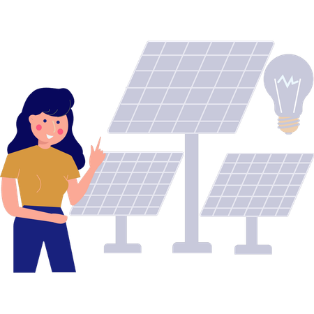Girl is connecting solar plates to bulb  Illustration