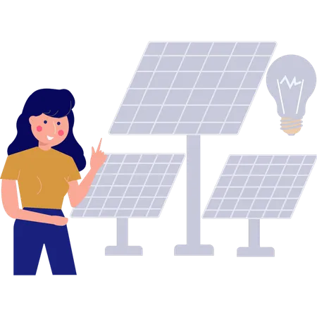 Girl is connecting solar plates to bulb  Illustration