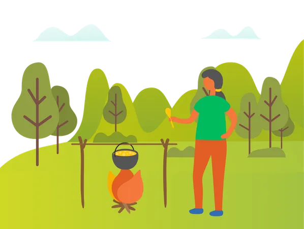 Girl is cooking food in forest  Illustration