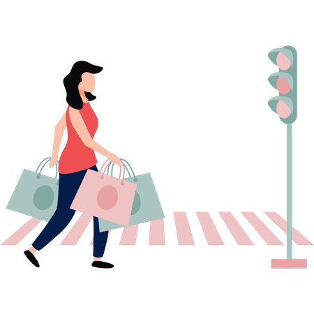 Girl is crossing road with shopping bags in her hand  Illustration