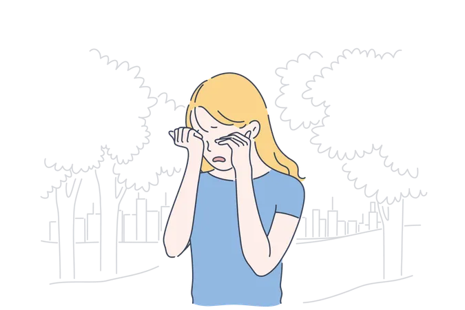 Depression Frustration And Loneliness Concept Sad Girl Crying In Park Closing Eyes With Hands Emotionally Unstable Blonde Woman Weeping In Despair Outdoors Simple Flat Vector Illustration