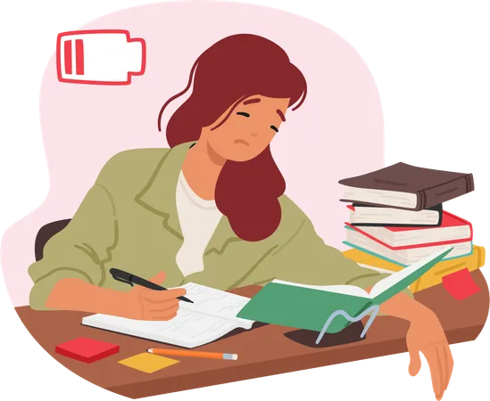 Tired Sad Student Girl Sits Amidst A Pile Of Books Shoulders Slumped And Eyes Weary Character Feeling Overwhelmed By The Weight Of Knowledge And The Pressures Of Academia Vector Illustration Illustration