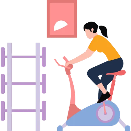 Girl is cycling on the machine  Illustration