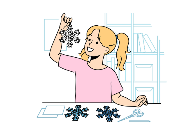 Girl is decorating house with snowflake decoration  イラスト
