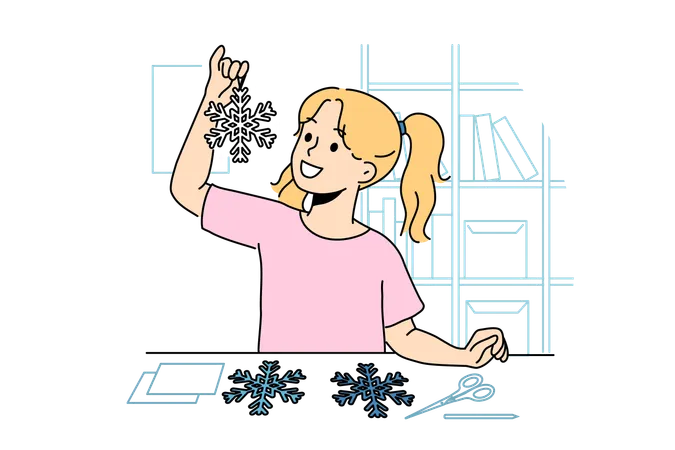 Girl is decorating house with snowflake decoration  イラスト