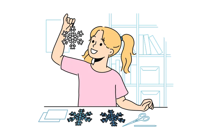 Girl is decorating house with snowflake decoration  Illustration