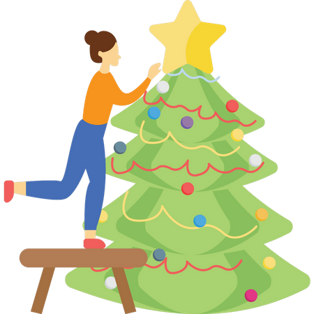 Girl is decorating the Christmas tree Illustration