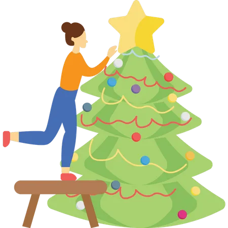 Girl is decorating the Christmas tree  Illustration