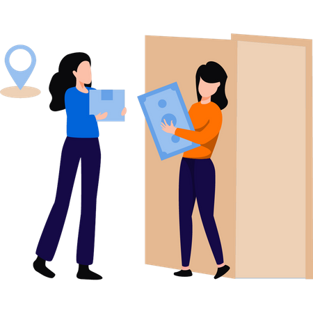 Girl is delivering the parcel to the door  Illustration