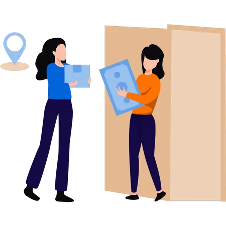 Girl is delivering the parcel to the door  Illustration
