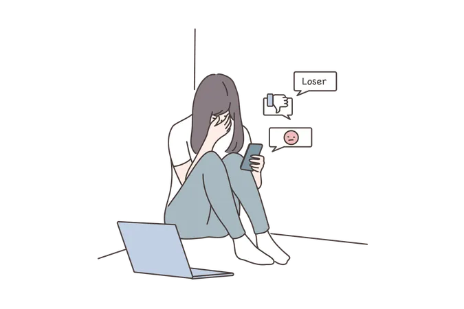 Depression Frustration Mental Stress Media Concept Young Derpessed Frustrated Woman Girl Teenager Sitting On Floor With Smartphone Reading Messages Suffering From Cyberbullying In Social Network Illustration