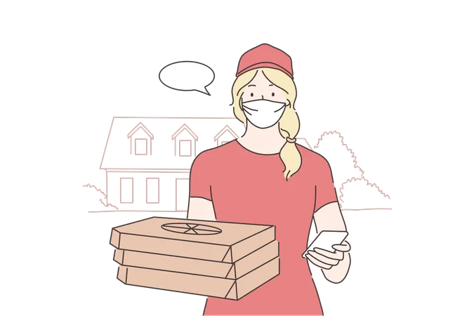 Food Delivery Quarantine Coronavirus Infection Concept Young Woman Supplier Cartoon Character Stands With Pizza In Medical Face Mask Home Food Delivery On 2019 Ncov Isolation And Covid 19 Desease Illustration