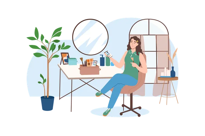 Interior Blue Concept With People Scene In The Flat Cartoon Design Girl Is Doing Her Make Up At Her Decorated Table Vector Illustration Illustration