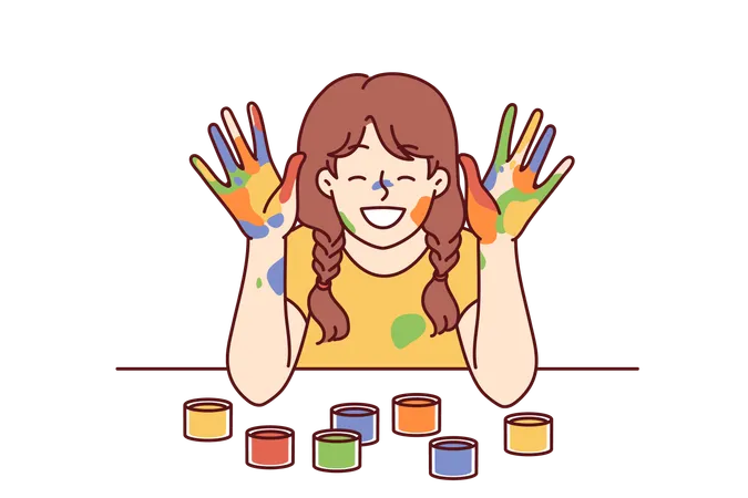 Positive Girl With Face And Palms Smeared With Multi Colored Paint Smiles Wanting To Become Artist Or Designer Smiling Girl With Gouache Or Watercolor On Hands Rejoices At School Art Lesson Illustration