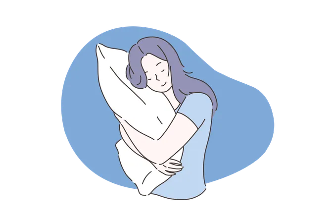 Sweet Dream Or Sleep Concept Sleeping Young Girl Hugs Or Holding A Pillow Or Overslept To Work The Woman Took A Sleeping Pill For Insomnia Vector Flat Design Illustration