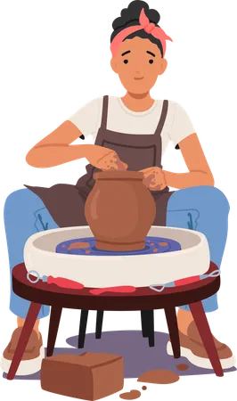 Potter Female Character Molding Clay Into Art Engaged In Creative Profession Ceramist Woman Shaping Vessels On The Wheel Crafting Beautiful Handmade Masterpiece Cartoon People Vector Illustration Illustration