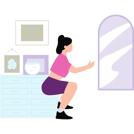 The Girl Is Doing Squat Exercise In Home Illustration