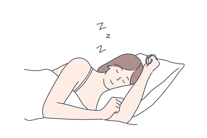Sleep Rest Dream Concept Young Serene Tired Calm Smiling Woman Or Girl Cartoon Character Sleeping Lying On Bed At Room Home And Taking Nap Resting Time And Comfortable Relaxation Illustration イラスト