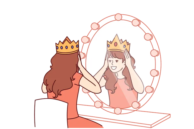 Little Actress Tries On Crown Sitting In Dressing Room With Mirror And Dreams Of Playing Role Of Princess On Theater Stage Teenage Girl Puts Princess Crown On Head Dreaming Of Living Among Kings Illustration