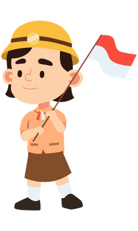 Girl is dressed up in indonesian scout's uniform holding red flag  Illustration