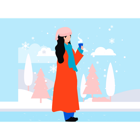 Girl is drinking hot coffee in winter  Illustration