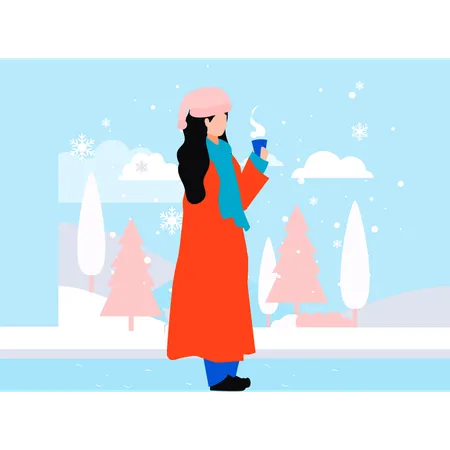 Girl is drinking hot coffee in winter  Illustration