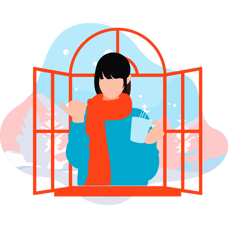 Girl is drinking hot tea in winter  Illustration