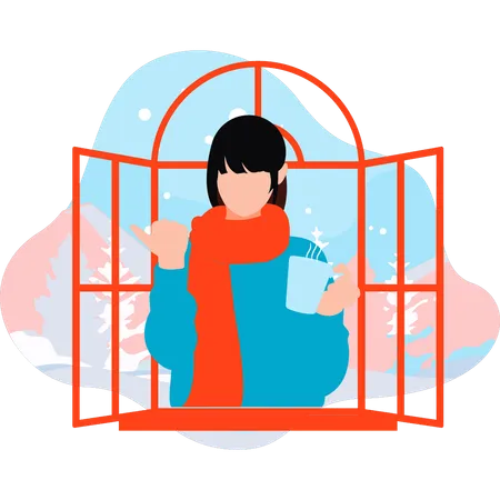 Girl is drinking hot tea in winter  イラスト