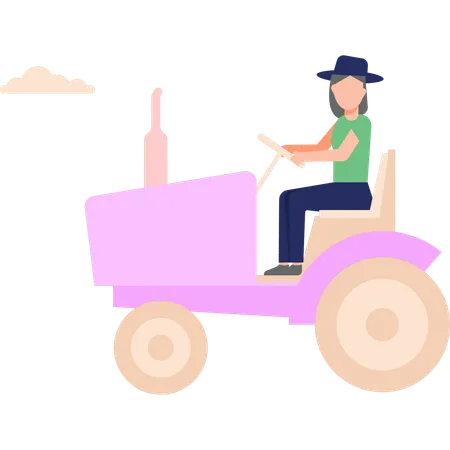 The Girl Is Driving The Agricultural Tractor Illustration