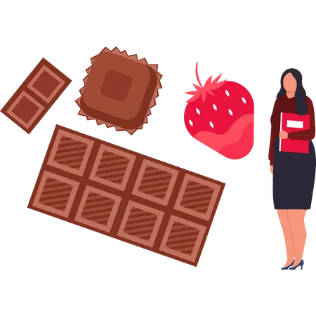 Girl is eating chocolate with strawberries  Illustration