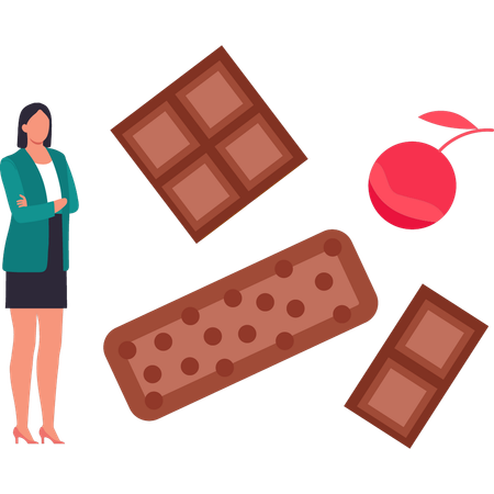 Girl is eating chocolates with cherries  イラスト