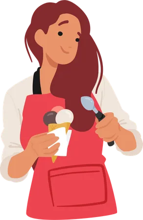 Charming Saleswoman In Red Apron Skillfully Presents An Enticing Ice Cream Cone Her Eyes Gleaming With Warmth And Sweetness Inviting Indulgence With A Delightful Treat Cartoon Vector Illustration Illustration