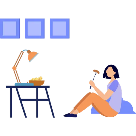 The Girl Is Eating On The Floor Illustration