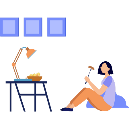 Girl is eating on floor  Illustration