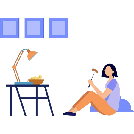 Girl is eating on floor  Illustration